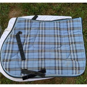 Baby blue plaid saddle pad. Horse tack. Hunter jumper show jumping eventing